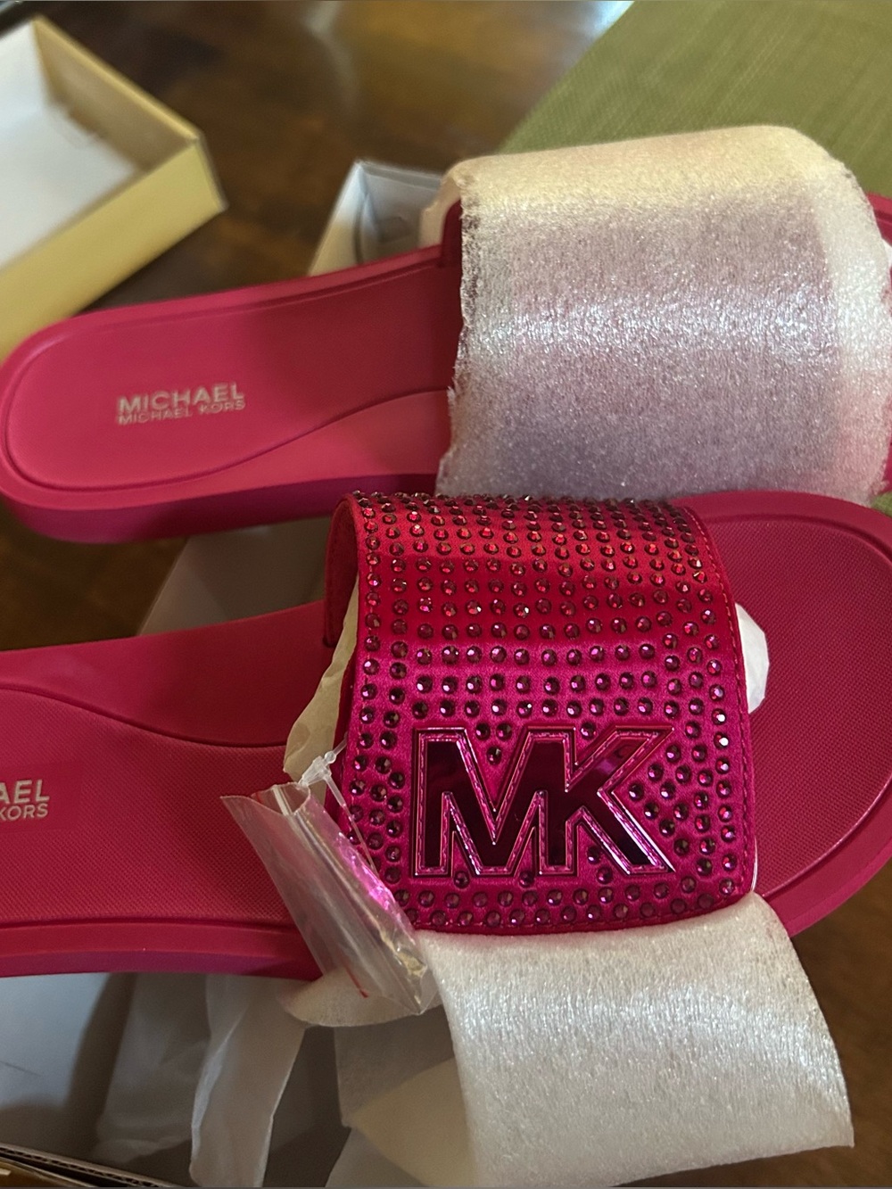 Michael Kors Hot Pink MK Crystal Slide Sandals